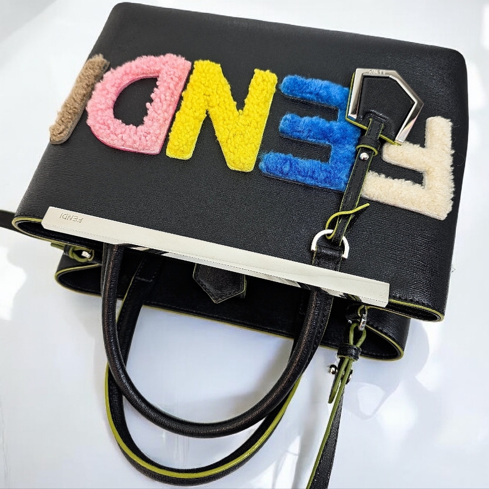Fendi 2Jours Black Leather Tote Crossbody Bag Multicolor Shearling Logo - Picture 7 of 16